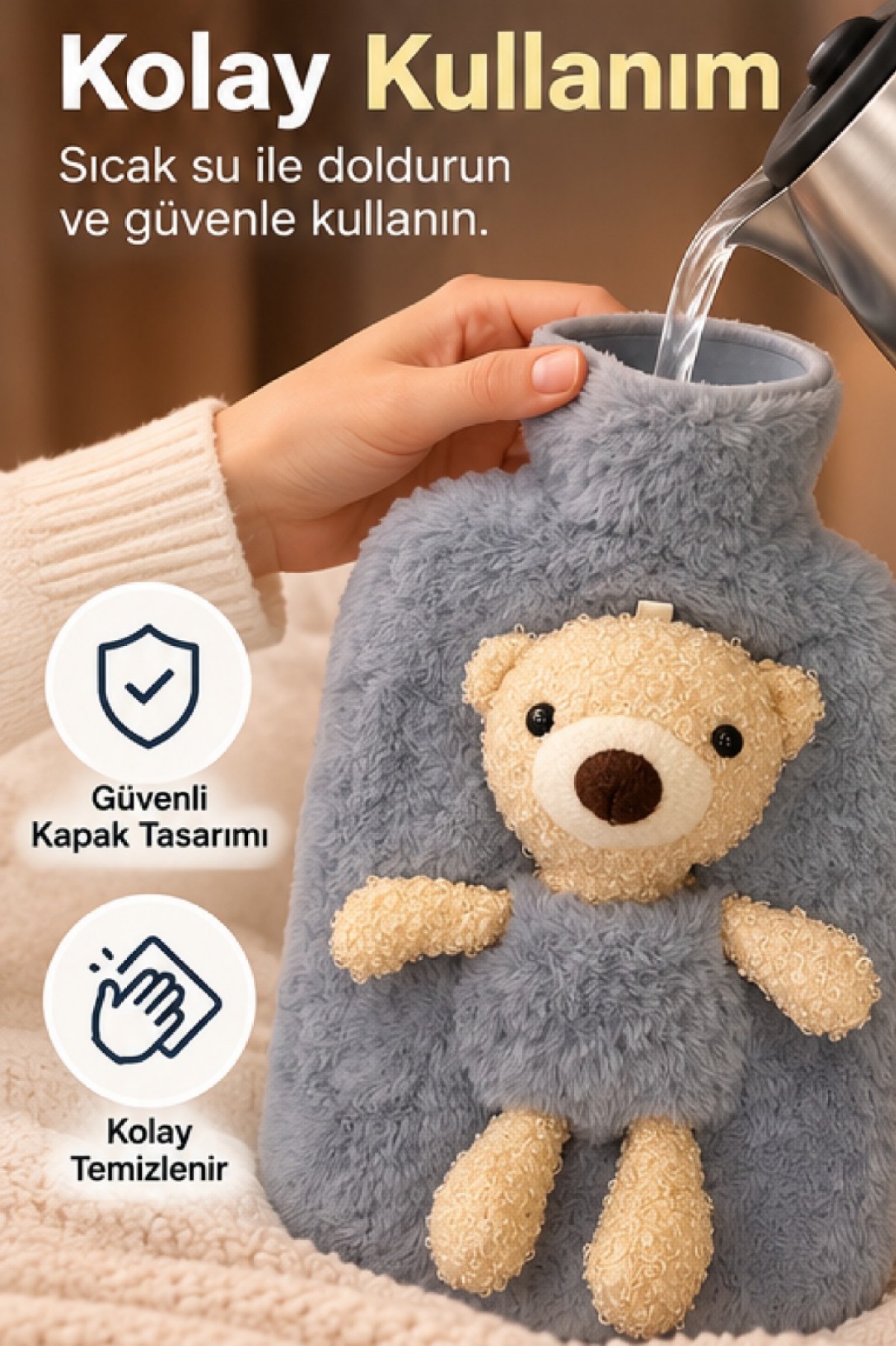 JOYSIDEA PELUŞ AYICIKLI SICAK SU TORBASI (GRİ)