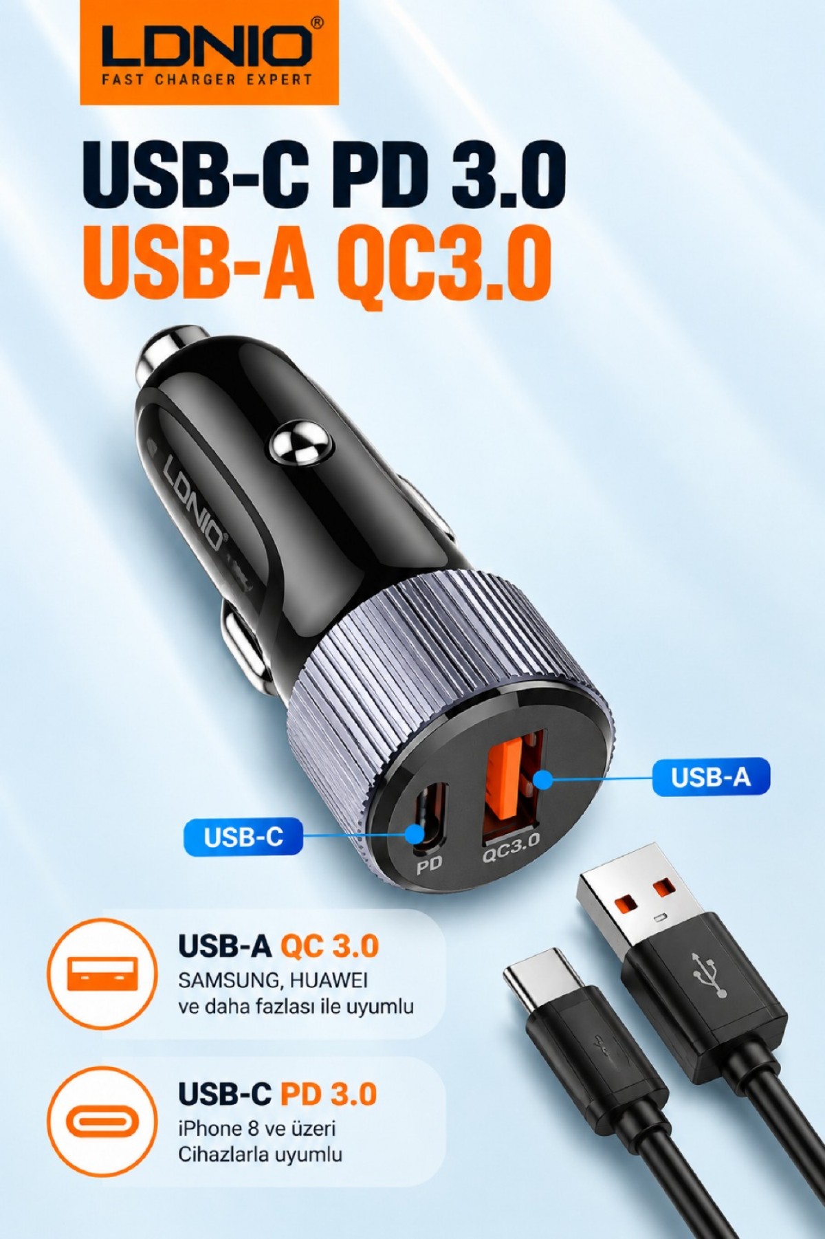 LDNIO HIZLI ARAÇ ŞARJ CİHAZI C510Q + TYPE-C TO TYPE-C ŞARJ KABLOSU LDNIO HIZLI ARAÇ ŞARJ CİHAZI C510Q + TYPE-C TO TYPE-C ŞARJ KABLOSU