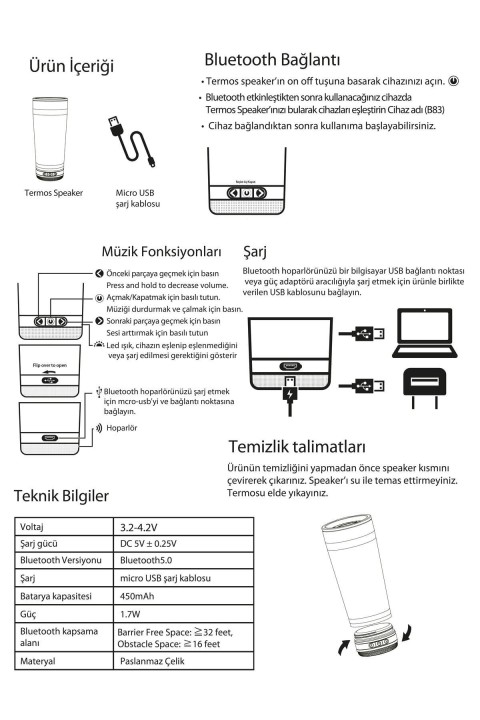 VAESKE 500 ML PASLANMAZ ÇELİK TERMOS BLUETOOTH HOPARLÖR YEŞİL