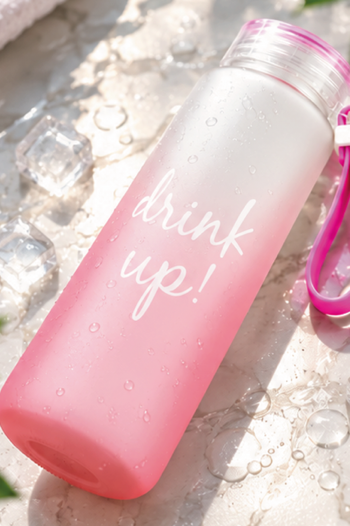 VAESKE TUTAMAÇLI BUZLU CAM MATARA 480ML (PEMBE)